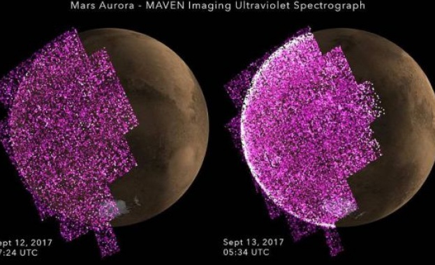 Специалистите на НАСА регистрираха мощно сияние на Марс надминаващо 25