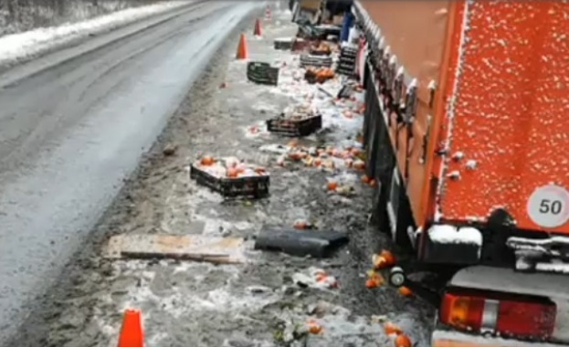 Румънски тир с портокали се обърна край Полски Тръмбеш, минувачи обраха шофьора