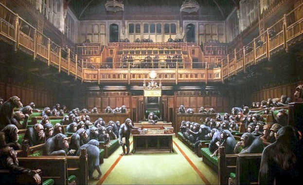 Сотбис“ предлагат на търг картината на Банкси с шимпанзета в Британския парламент