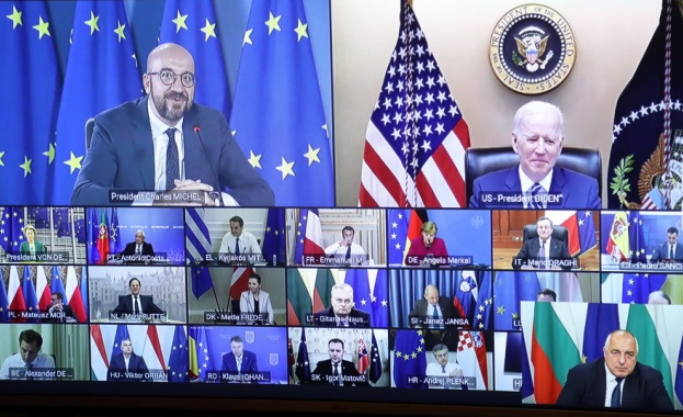 Президентът Джо Байдън който участва виртуално в заседанието на Европейския