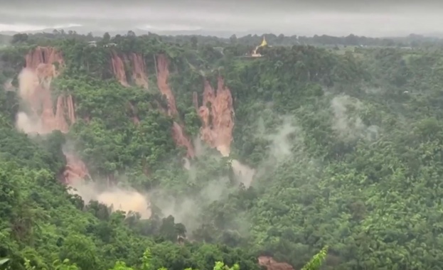 Кална вода заля красив водопад в Мианмар