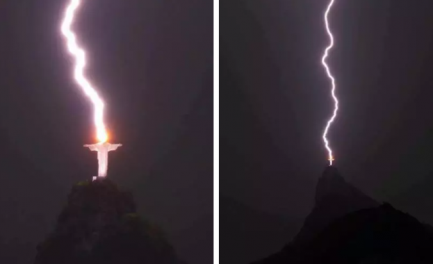 Мълния удари върха на статуята на Исус Спасителя в Рио
