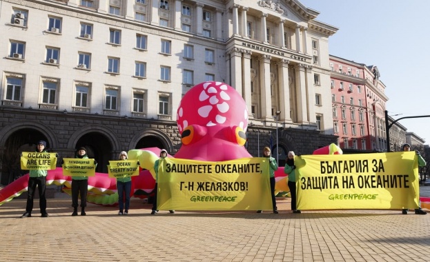 Октопод пред входа на Министерския съвет с призив за защита на океаните Октопод пред входа на Министерския съвет с призив за защита на океаните