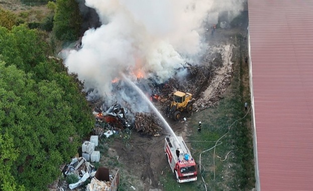 Пламъци обхванаха двора на фабриката за преработка на дървесина в