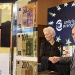 Председателят на ЕЦБ Кристин Лагард и управителят на БНБ Димитър Радев показаха първите български евробанкноти